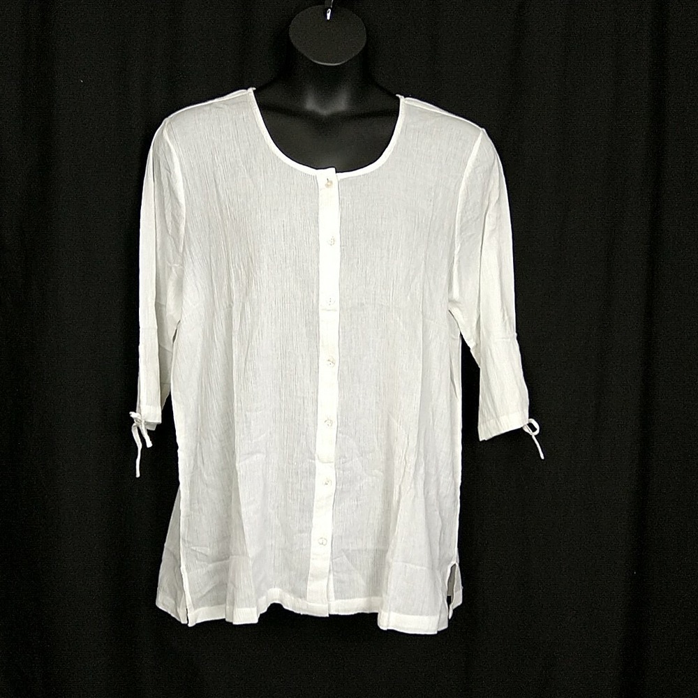 Ulla Popken Blouse Women 16/18 White Cotton Gauze Tie Sleeve Button Front Top